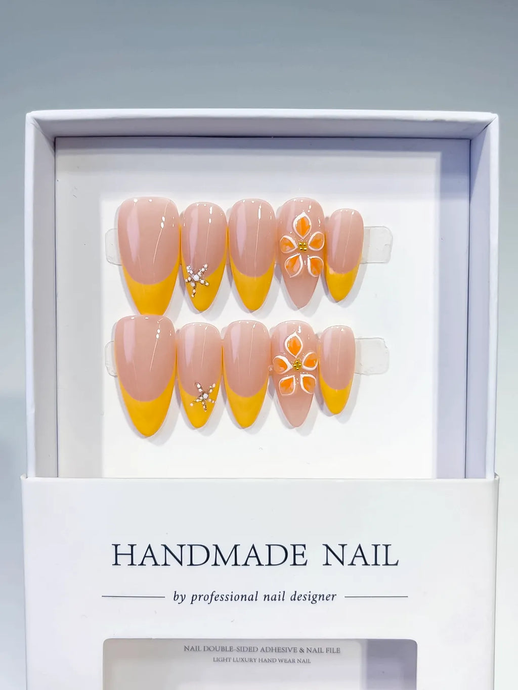 Nude Yellow White French tip Flower Rhinestone press on nails full set view