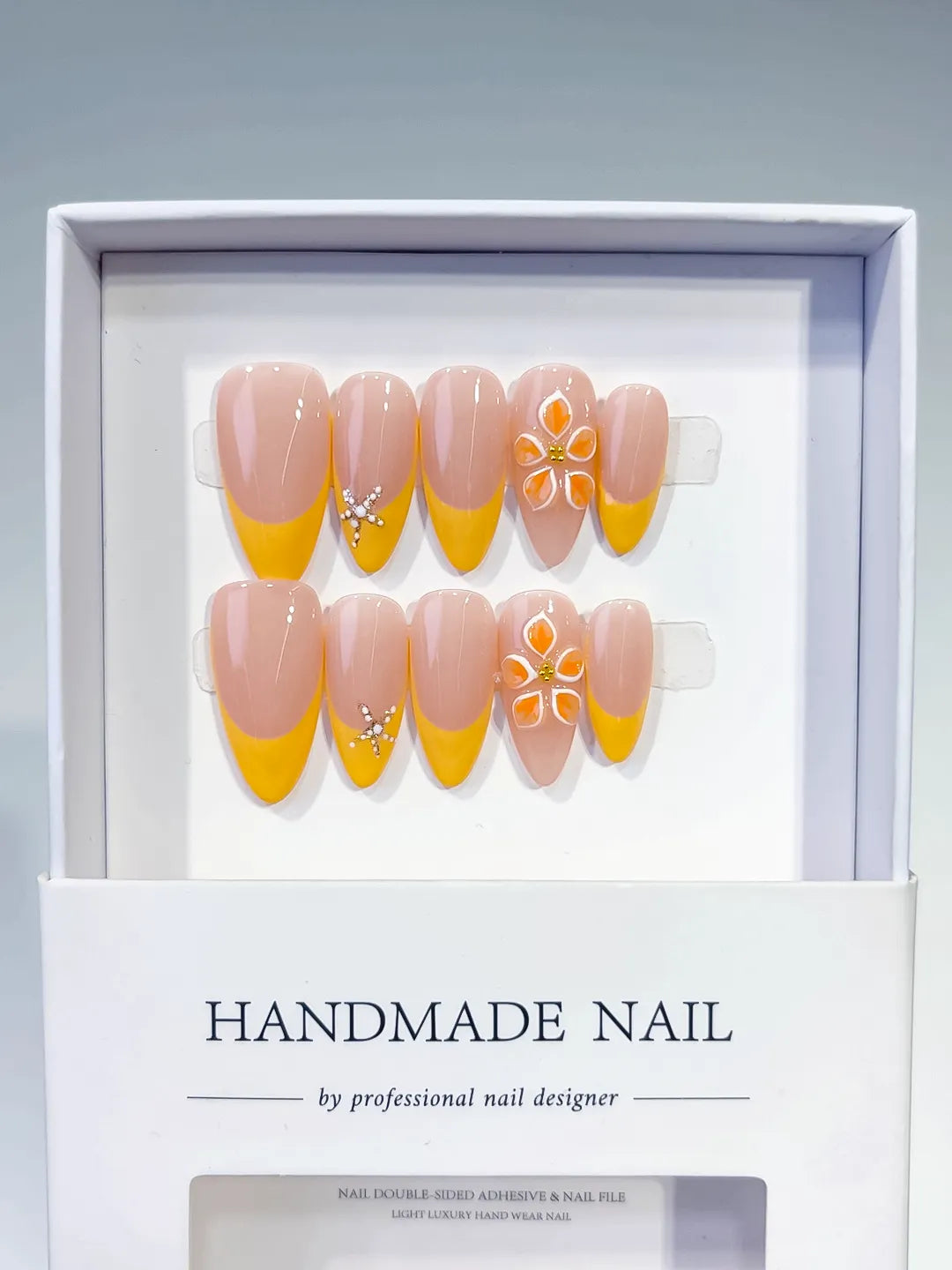 Nude Yellow White French tip Flower Rhinestone press on nails full set view