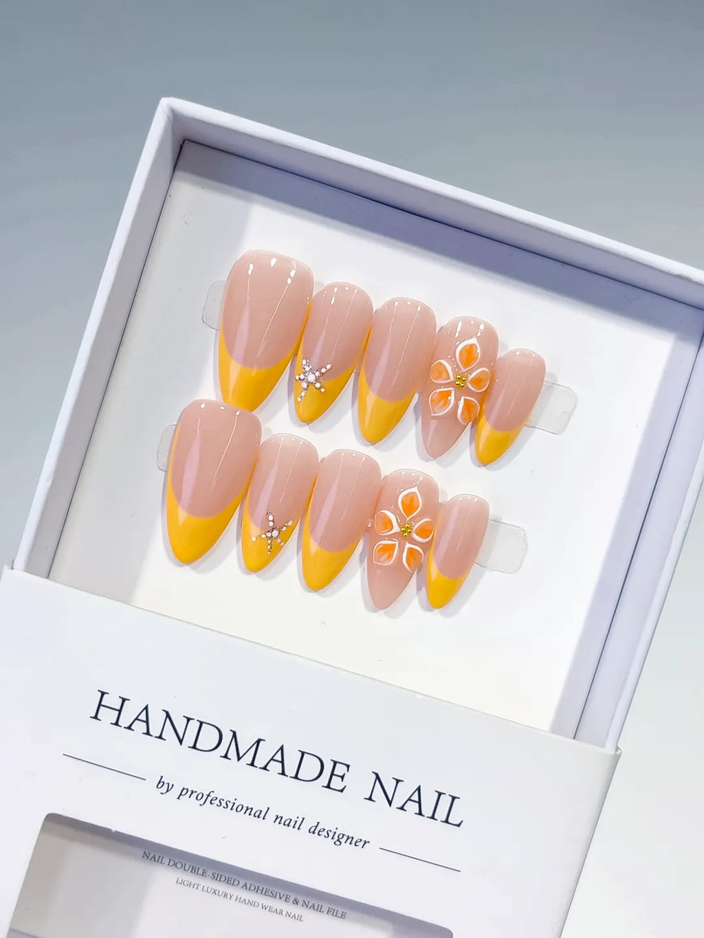 Nude Yellow White French tip Flower Rhinestone press on nails