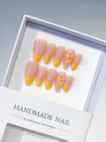 Nude Yellow White French tip Flower Rhinestone press on nails
