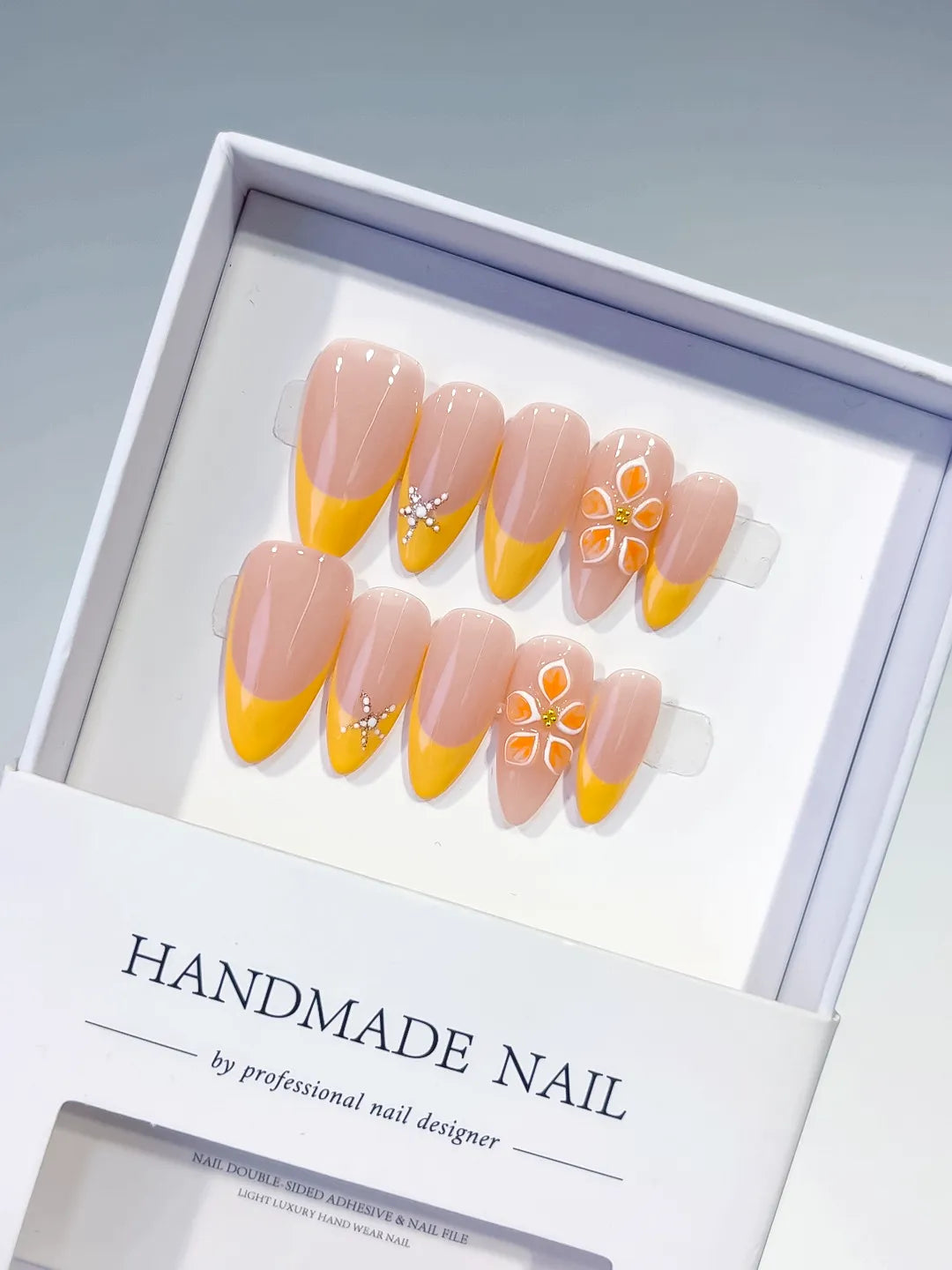 Nude Yellow White French tip Flower Rhinestone press on nails