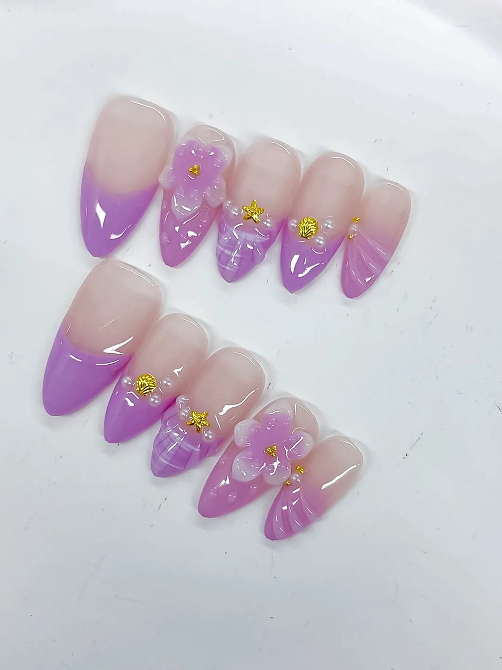 Nude Purple Gold Ombre Flower Shell Metallic Charm press on nails detail view