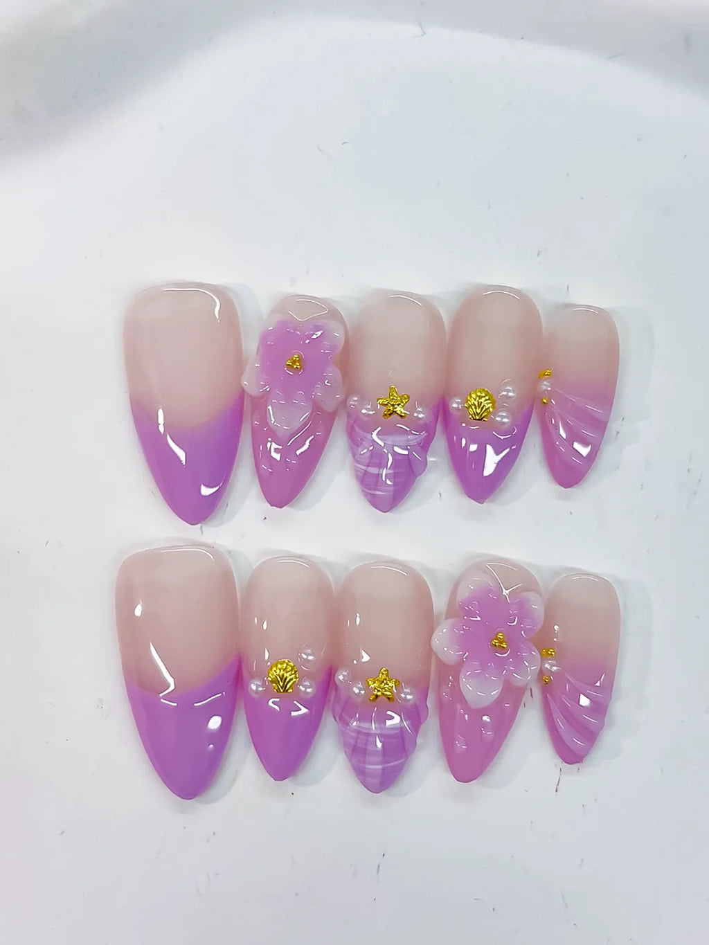 Nude Purple Gold Ombre Flower Shell Metallic Charm press on nails close up