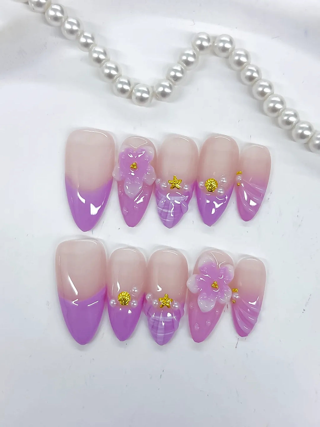 Nude Purple Gold Ombre Flower Shell Metallic Charm press on nails detail view