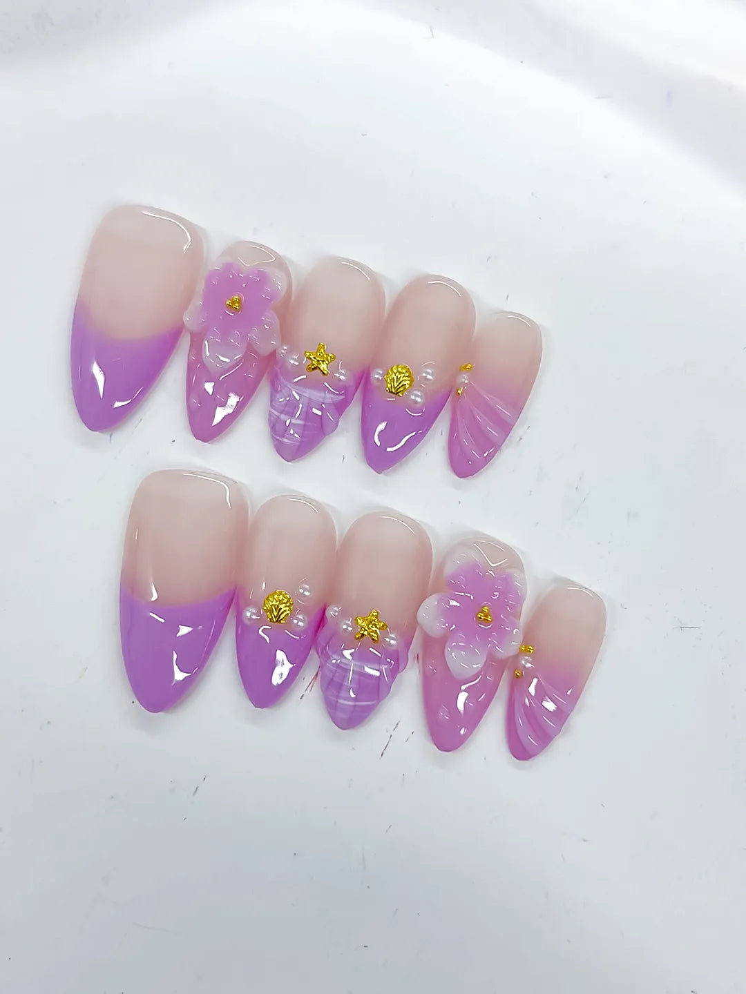 Nude Purple Gold Ombre Flower Shell Metallic Charm press on nails detail view