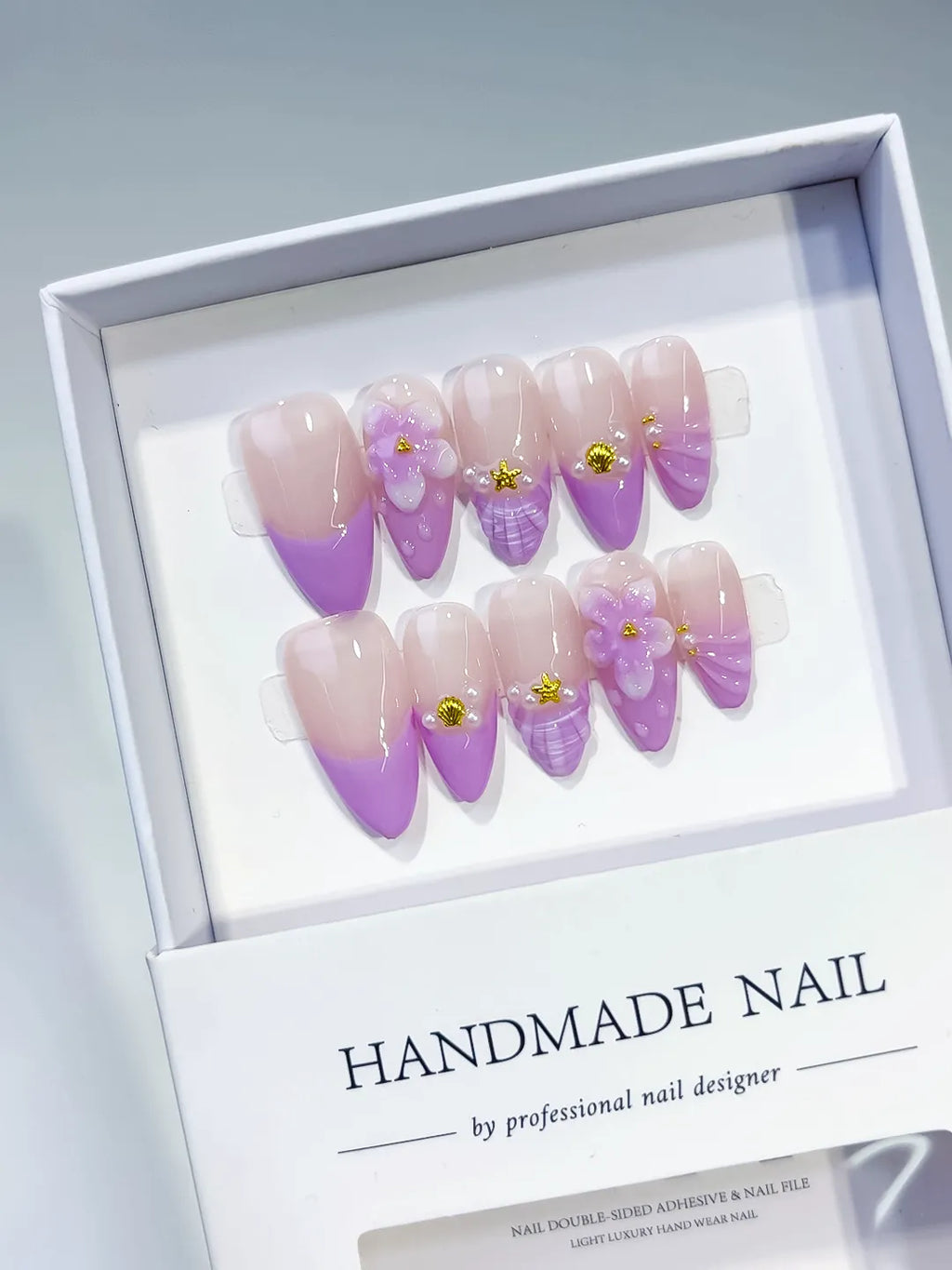 Nude Purple Gold Ombre Flower Shell Metallic Charm press on nails angled view