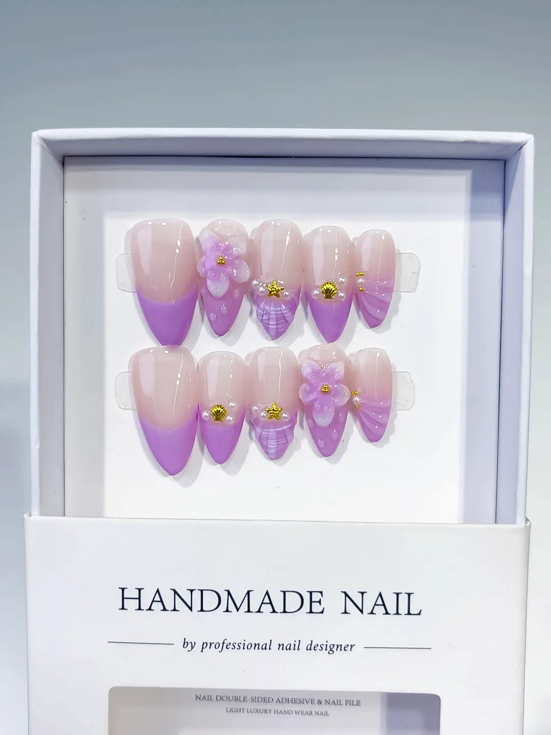 Nude Purple Gold Ombre Flower Shell Metallic Charm press on nails full set view