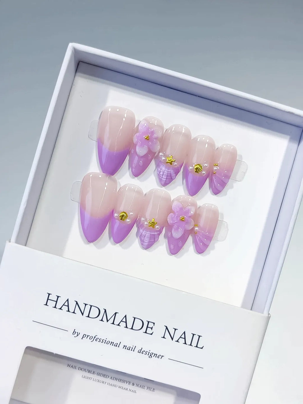 Nude Purple Gold Ombre Flower Shell Metallic Charm press on nails