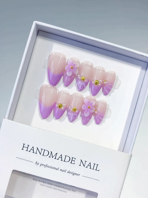 Nude Purple Gold Ombre Flower Shell Metallic Charm press on nails