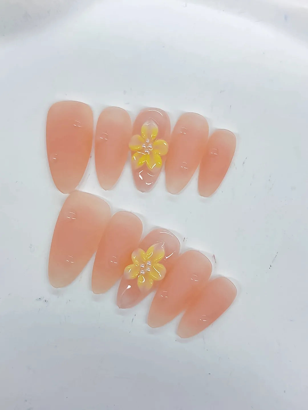 Nude Yellow Solid color Flower Rhinestone press on nails detail view