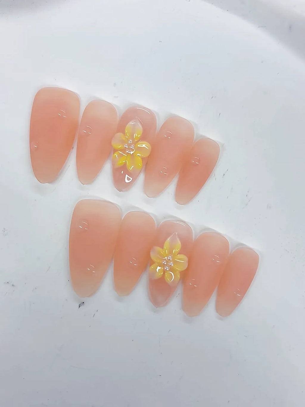 Nude Yellow Solid color Flower Rhinestone press on nails detail view