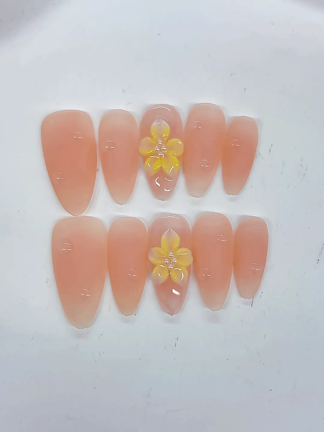 Nude Yellow Solid color Flower Rhinestone press on nails detail view