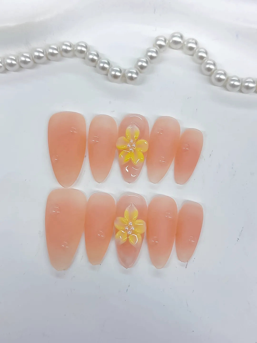 Nude Yellow Solid color Flower Rhinestone press on nails close up