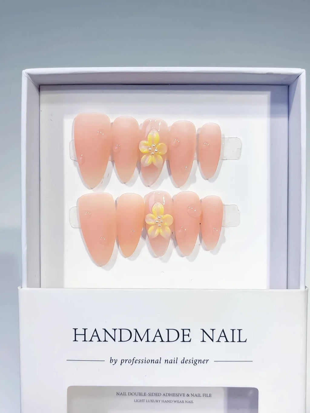 Nude Yellow Solid color Flower Rhinestone press on nails full set view