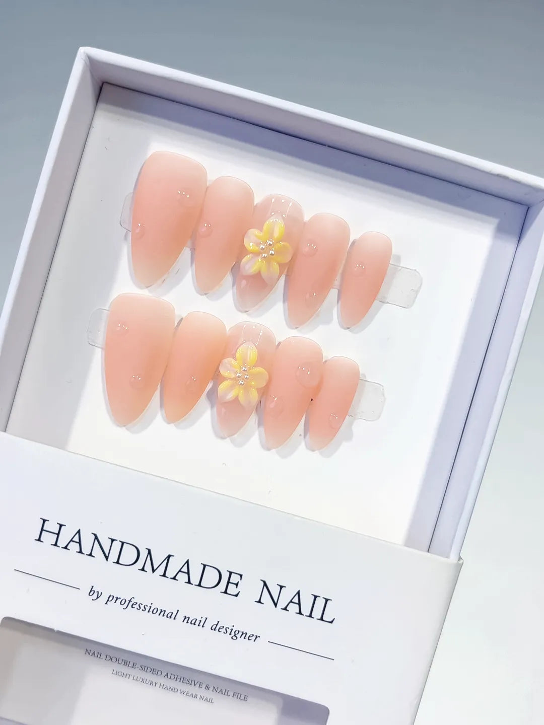 Nude Yellow Solid color Flower Rhinestone press on nails