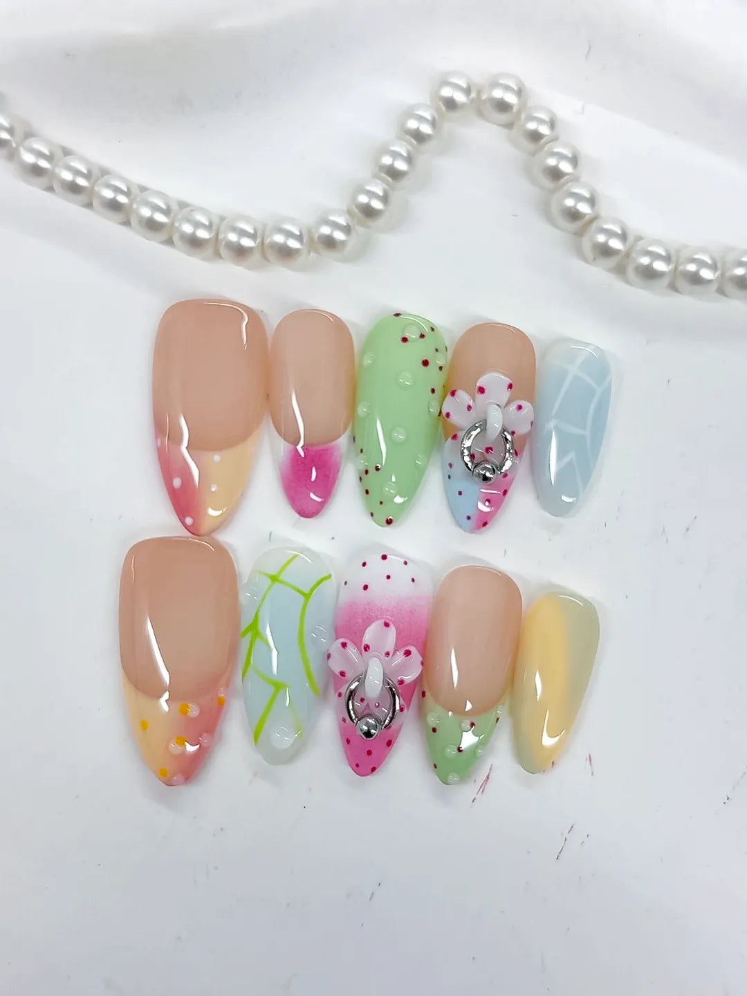 Nude Pink Green Blue Yellow White Abstract Flower Heart Dot Pattern Metallic Charm press on nails detail view