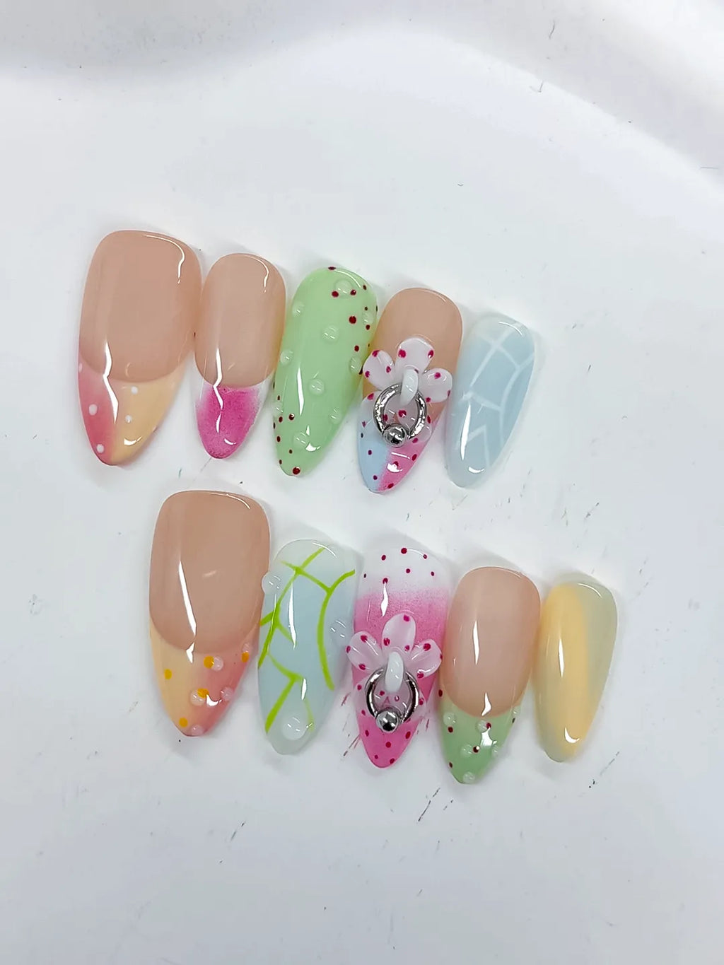 Nude Pink Green Blue Yellow White Abstract Flower Heart Dot Pattern Metallic Charm press on nails detail view