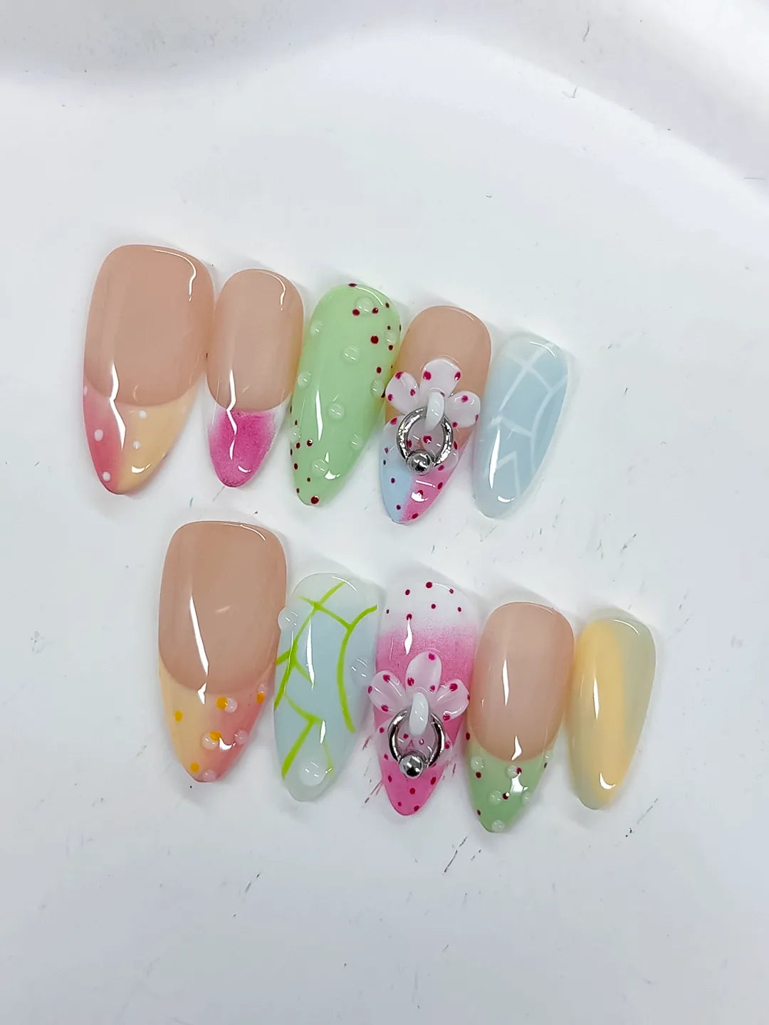 Nude Pink Green Blue Yellow White Abstract Flower Heart Dot Pattern Metallic Charm press on nails detail view