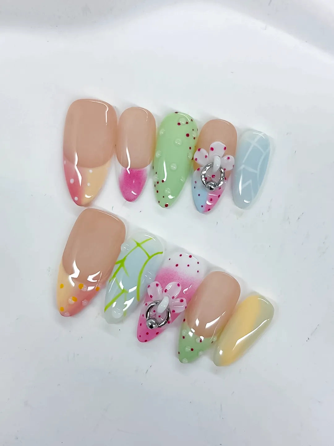 Nude Pink Green Blue Yellow White Abstract Flower Heart Dot Pattern Metallic Charm press on nails close up