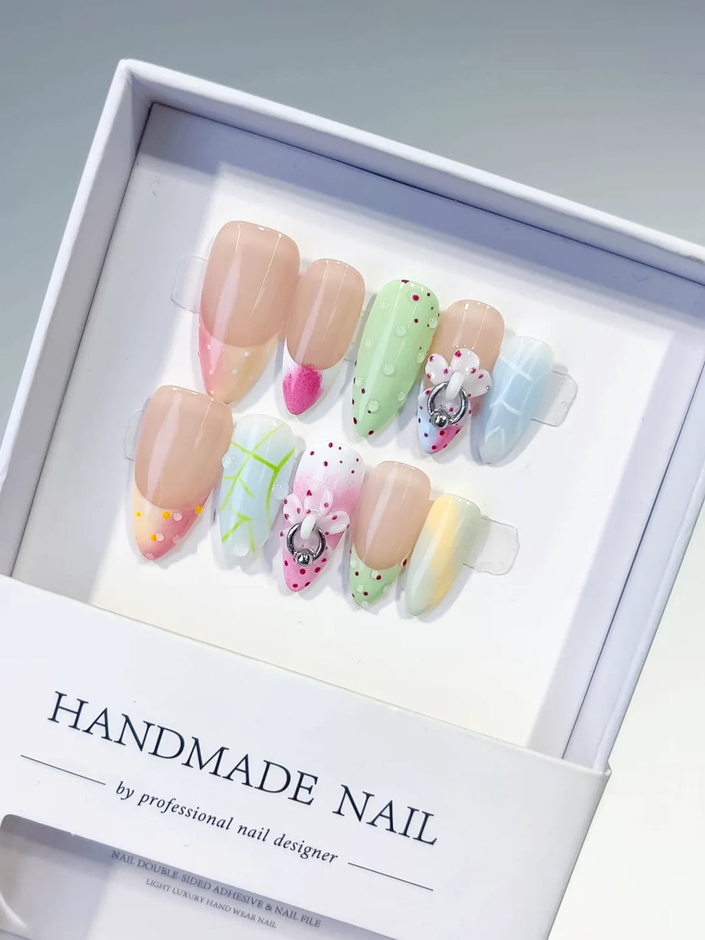 Nude Pink Green Blue Yellow White Abstract Flower Heart Dot Pattern Metallic Charm press on nails