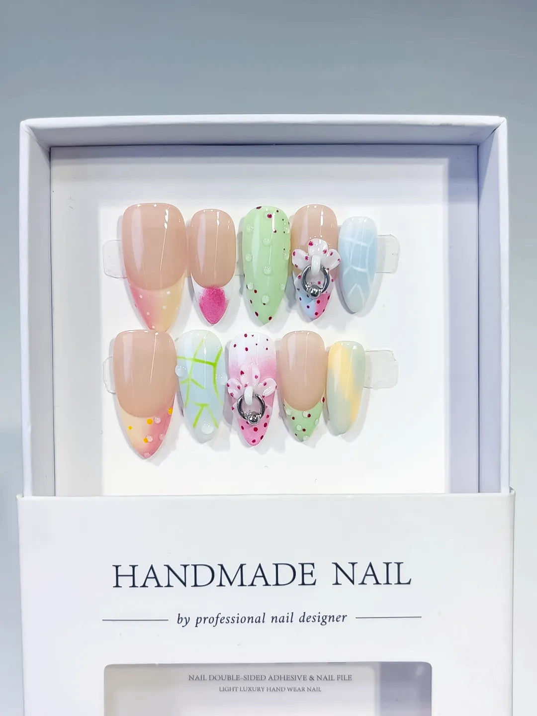 Nude Pink Green Blue Yellow White Abstract Flower Heart Dot Pattern Metallic Charm press on nails full set view