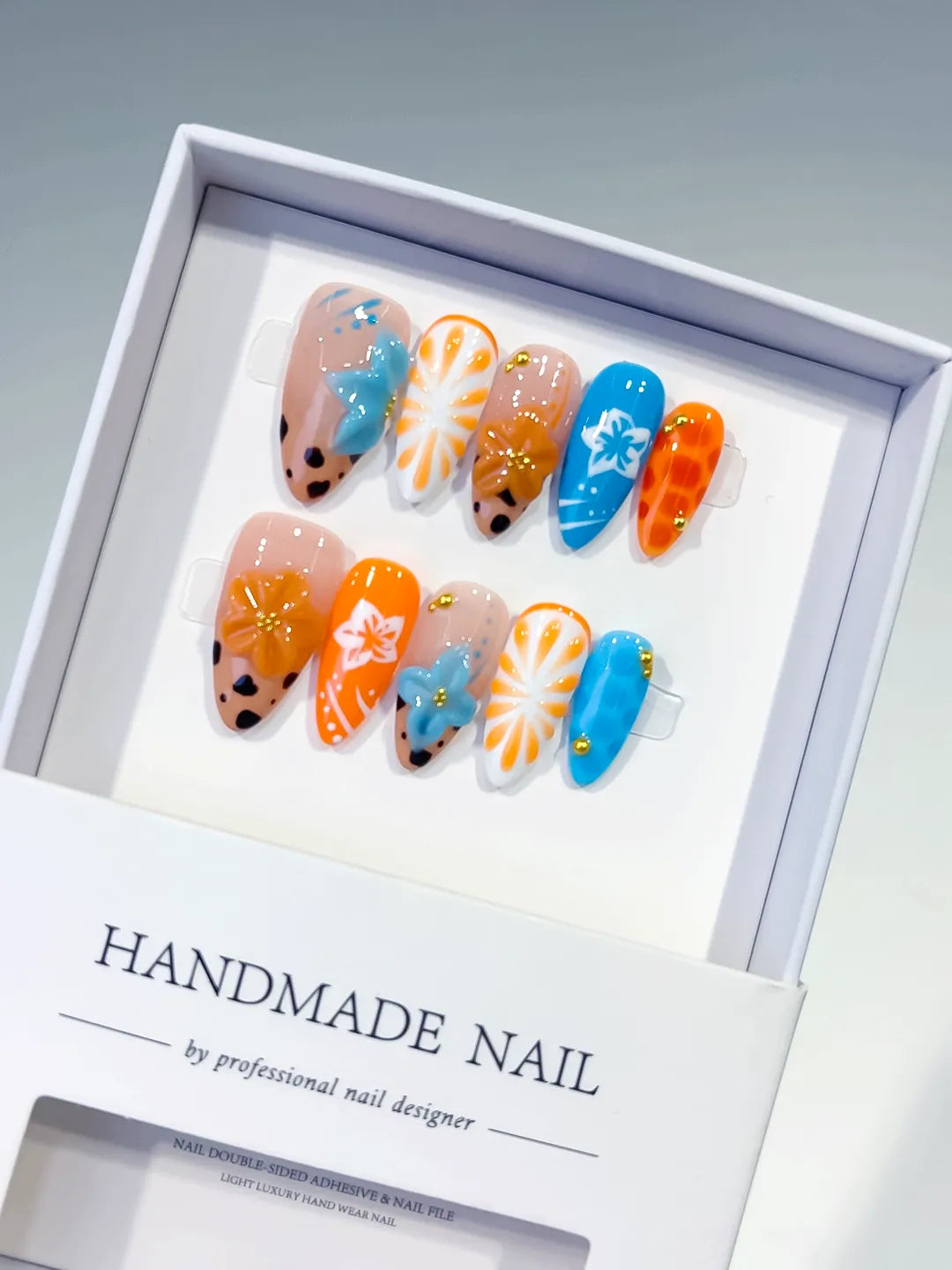 Nude Orange Blue White Black Abstract Flower Fruit Animal Print press on nails
