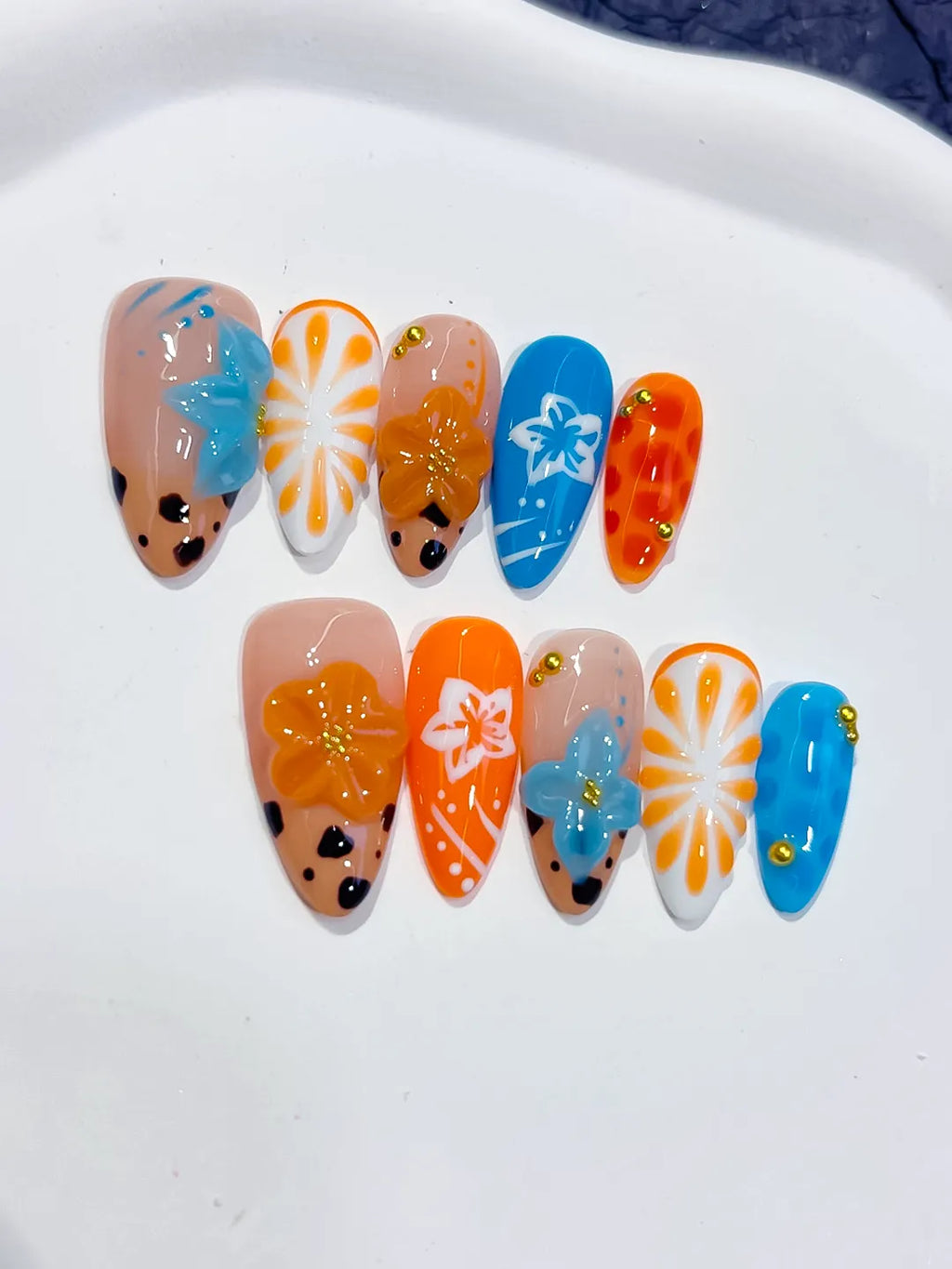 Nude Orange Blue White Black Abstract Flower Fruit Animal Print press on nails detail view