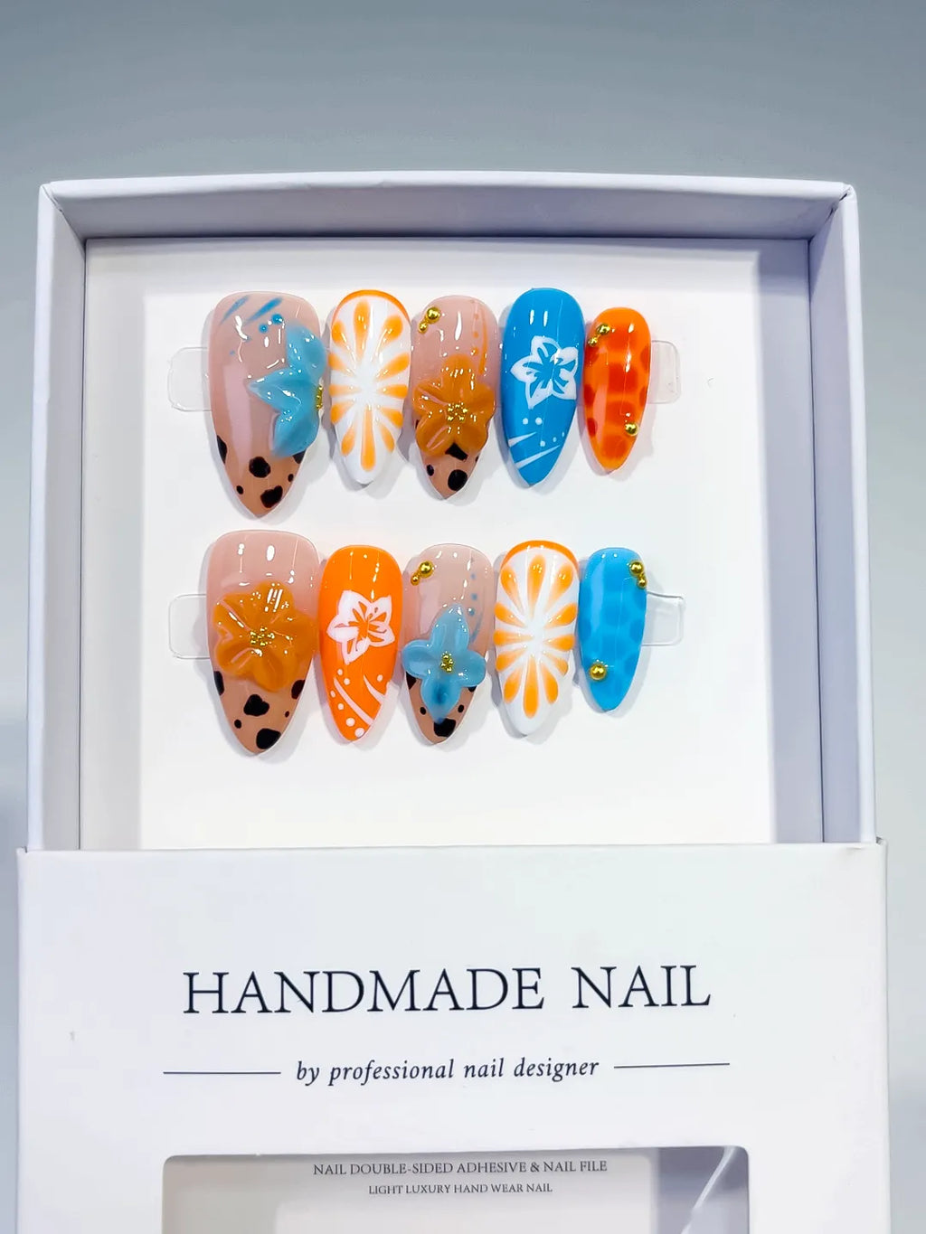 Nude Orange Blue White Black Abstract Flower Fruit Animal Print press on nails full set view