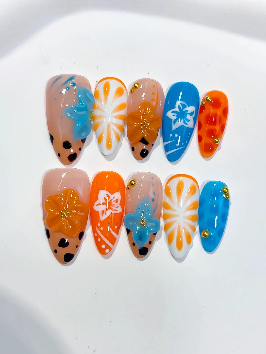 Nude Orange Blue White Black Abstract Flower Fruit Animal Print press on nails close up