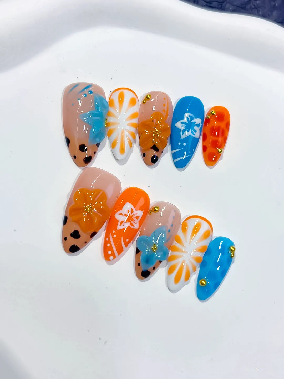 Nude Orange Blue White Black Abstract Flower Fruit Animal Print press on nails detail view
