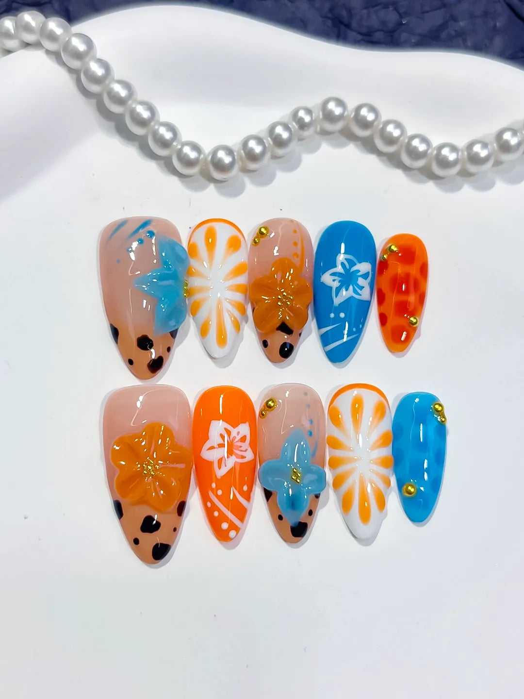 Nude Orange Blue White Black Abstract Flower Fruit Animal Print press on nails detail view