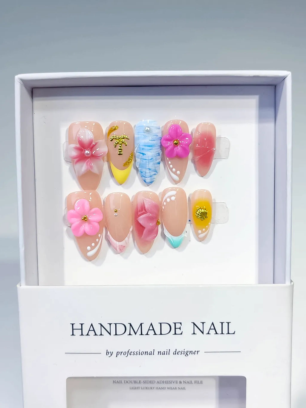 Nude Pink Blue Yellow White Abstract Flower Star Shell press on nails full set view