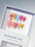 Nude Pink Blue Yellow White Abstract Flower Star Shell press on nails