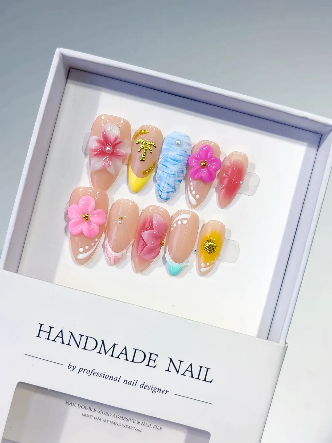 Nude Pink Blue Yellow White Abstract Flower Star Shell press on nails
