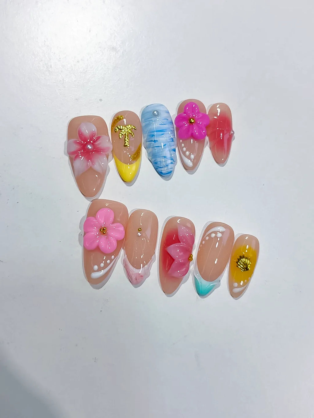 Nude Pink Blue Yellow White Abstract Flower Star Shell press on nails close up
