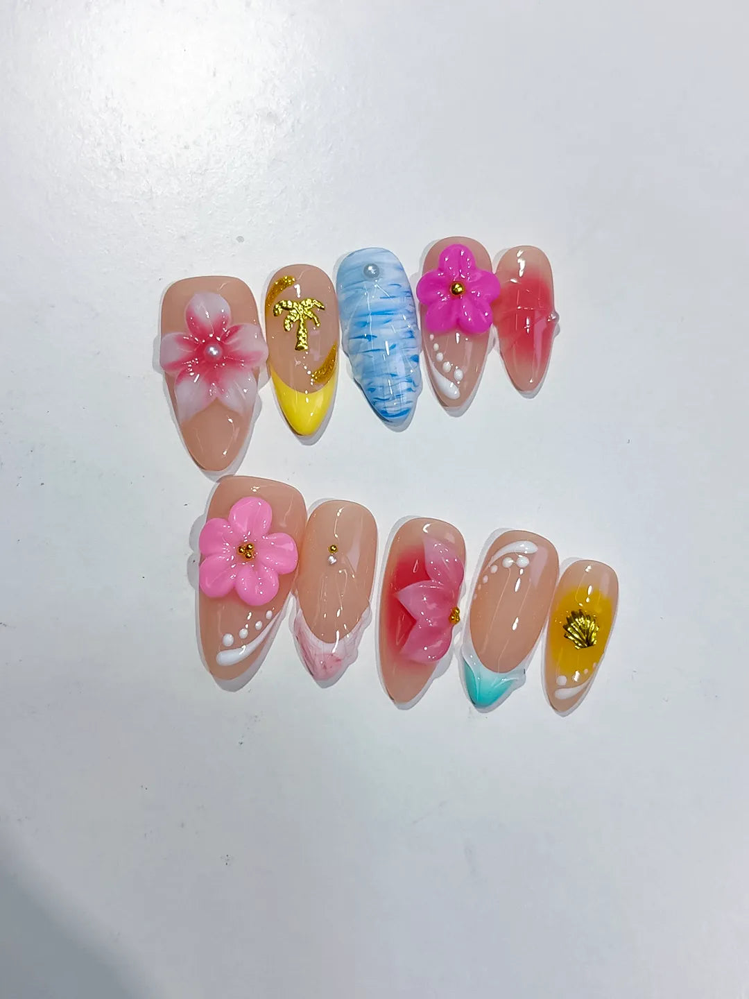 Nude Pink Blue Yellow White Abstract Flower Star Shell press on nails close up