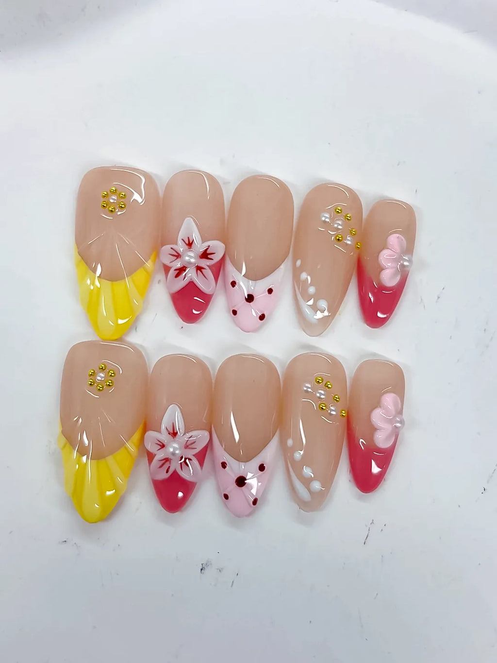 Nude Yellow Pink White Abstract Flower Dot Pattern Stud press on nails detail view