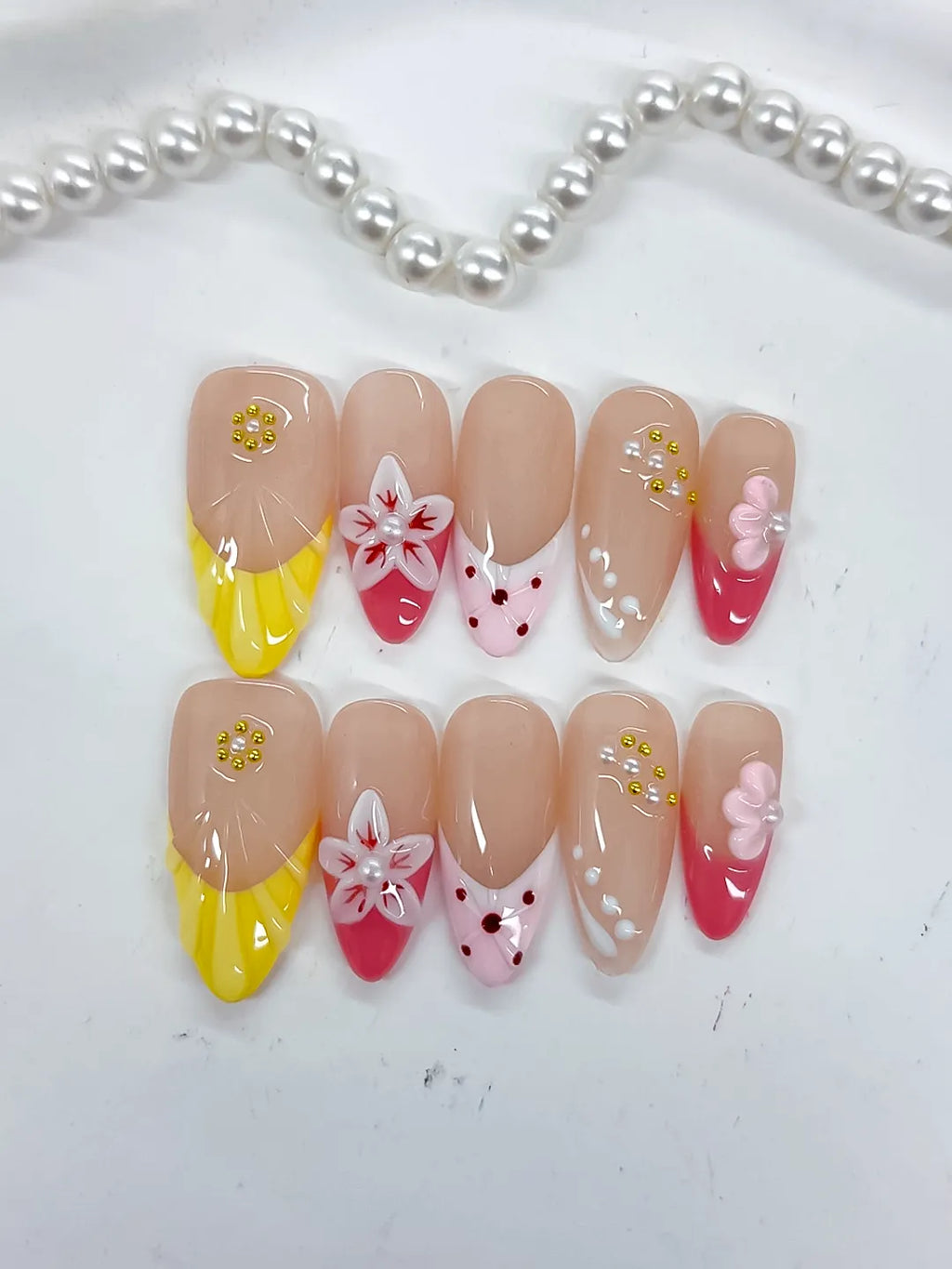 Nude Yellow Pink White Abstract Flower Dot Pattern Stud press on nails detail view