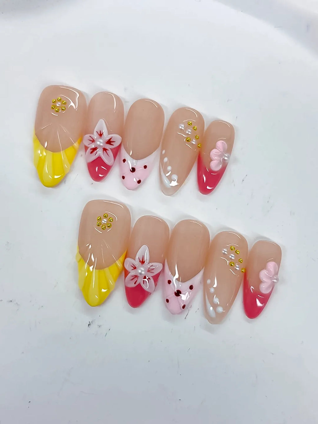 Nude Yellow Pink White Abstract Flower Dot Pattern Stud press on nails detail view