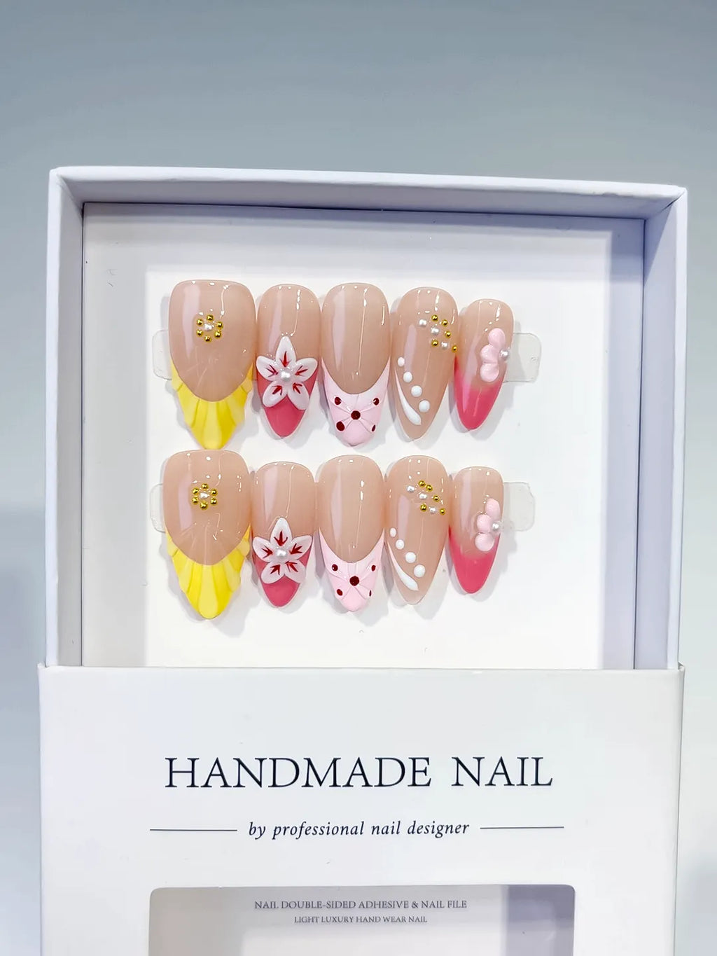 Nude Yellow Pink White Abstract Flower Dot Pattern Stud press on nails full set view