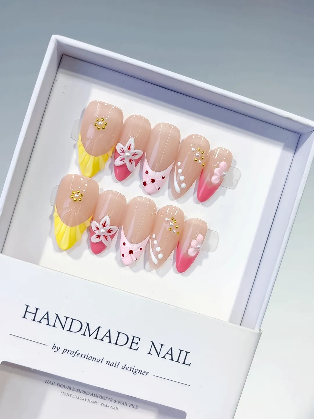 Nude Yellow Pink White Abstract Flower Dot Pattern Stud press on nails