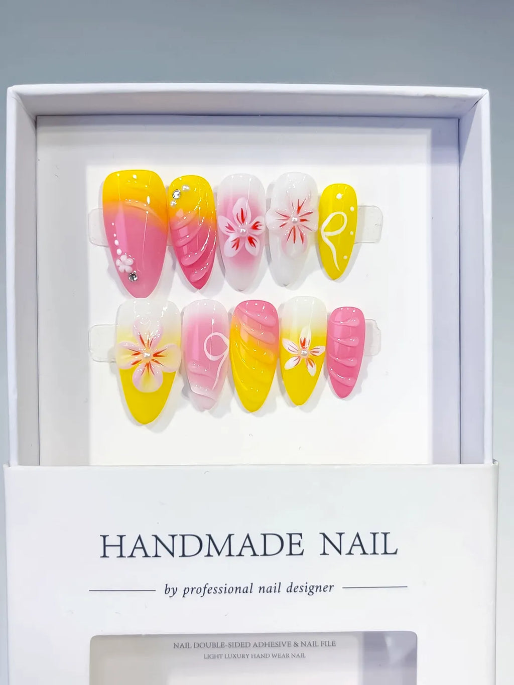 Pink Yellow White Ombre Flower Rhinestone Shell press on nails full set view