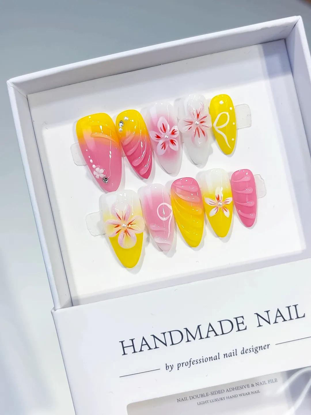 Pink Yellow White Ombre Flower Rhinestone Shell press on nails angled view