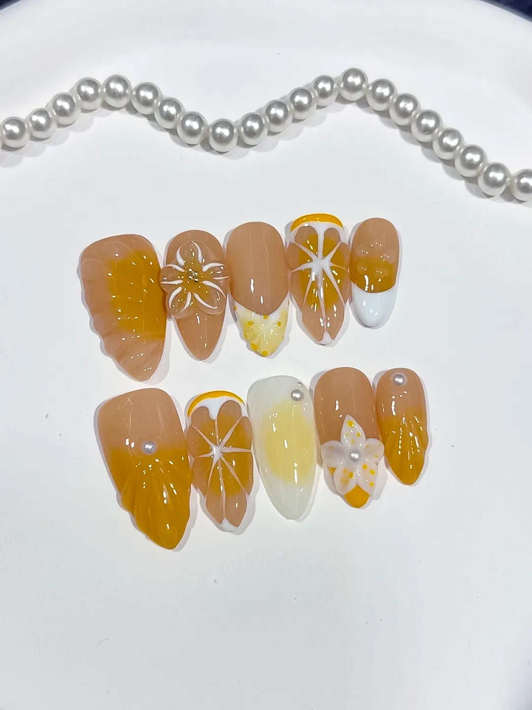 Nude Yellow White French tip Flower Fruit press on nails close up