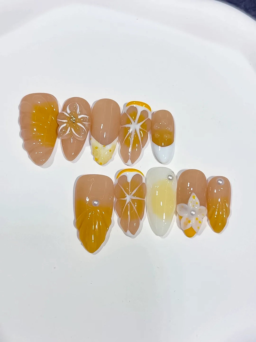 Nude Yellow White French tip Flower Fruit press on nails detail view