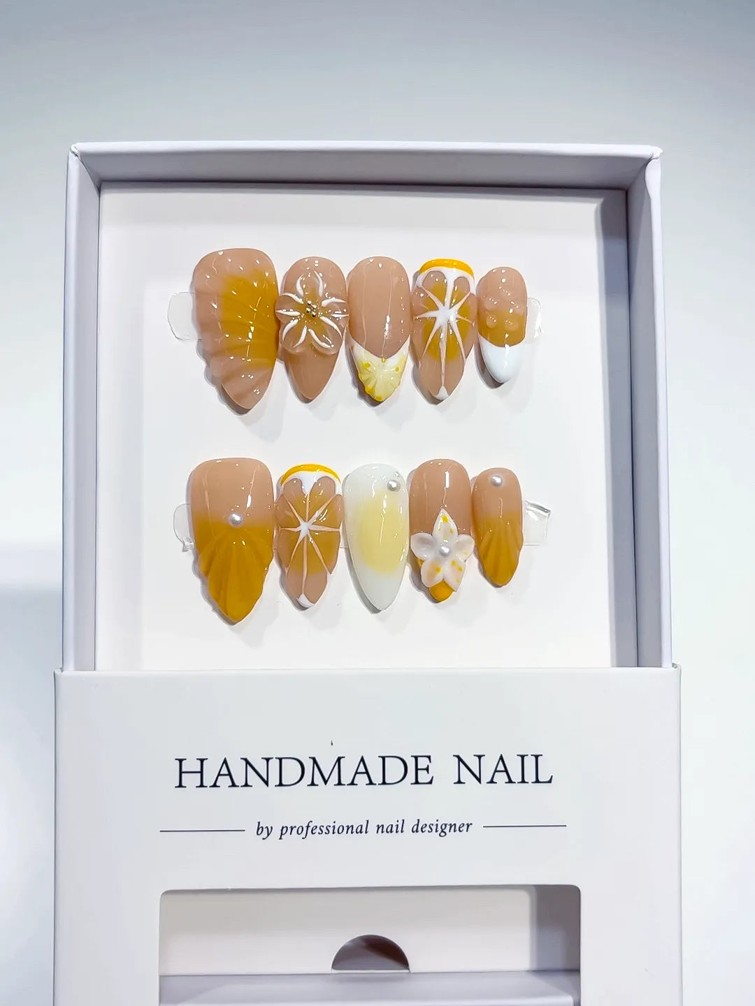 Nude Yellow White French tip Flower Fruit press on nails full set view