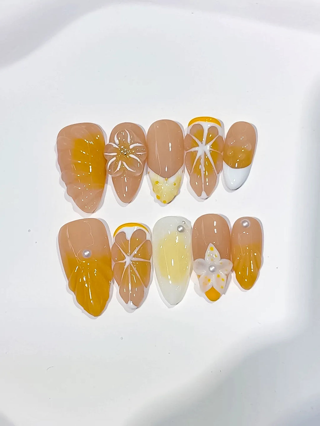 Nude Yellow White French tip Flower Fruit press on nails detail view