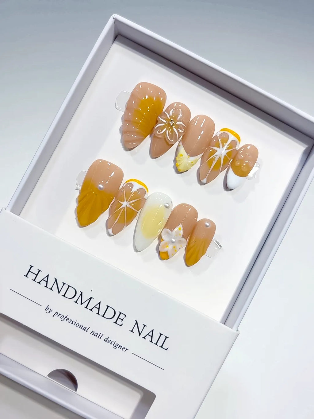 Nude Yellow White French tip Flower Fruit press on nails