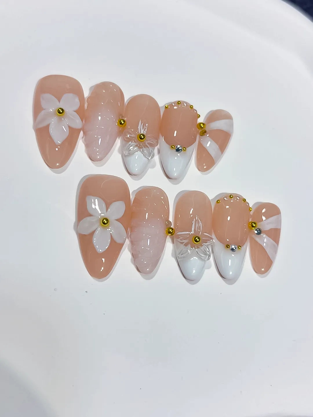 Nude White Pink Gold French tip Flower Shell Glitter press on nails detail view