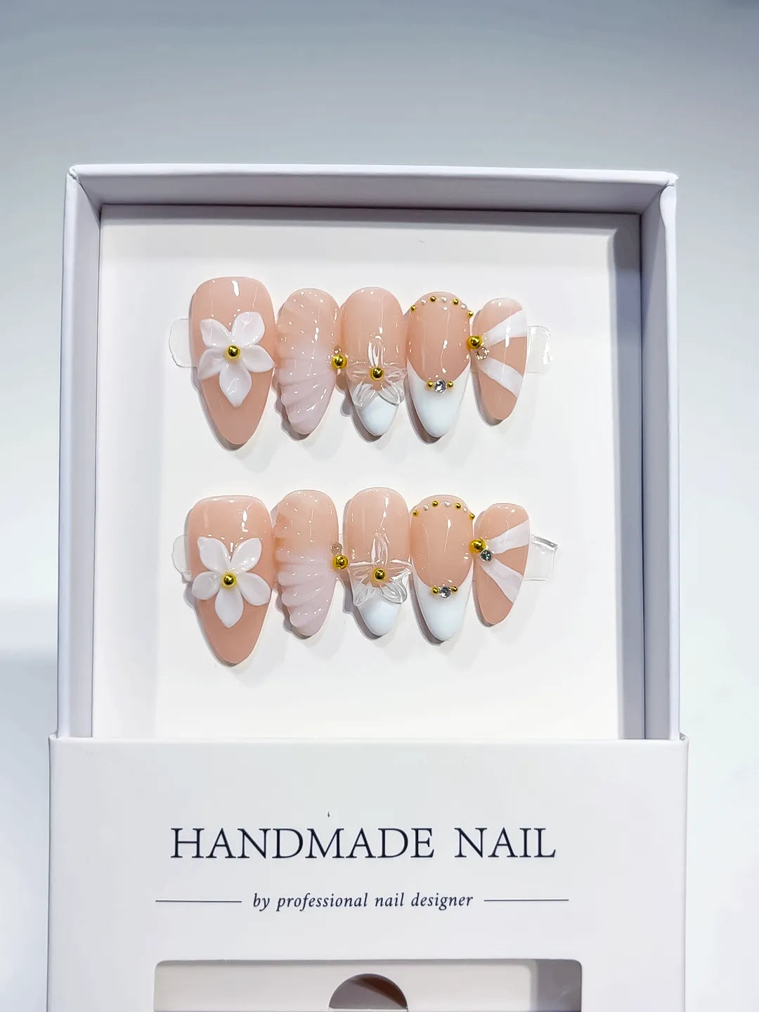 Nude White Pink Gold French tip Flower Shell Glitter press on nails full set view